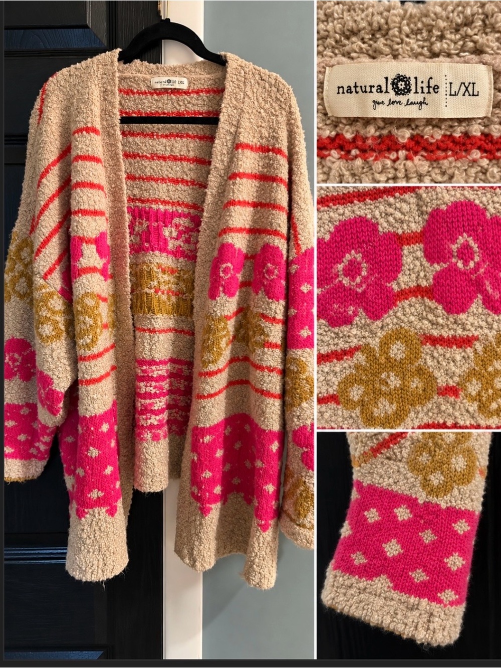NATURAL LIFE Beige Bouclé Cardigan with Pink & Mustard Floral Accents